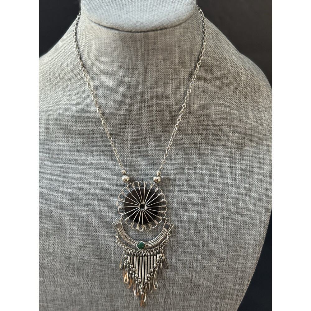 Southwestern Medallion Tassel Necklace Silver Tone Chain Beaded Boho Festival
